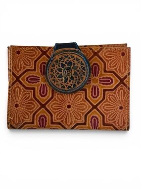 Vintage Hand-Tooled Leather Checkbook Cover Wallet Floral Geometric Snap Organiz